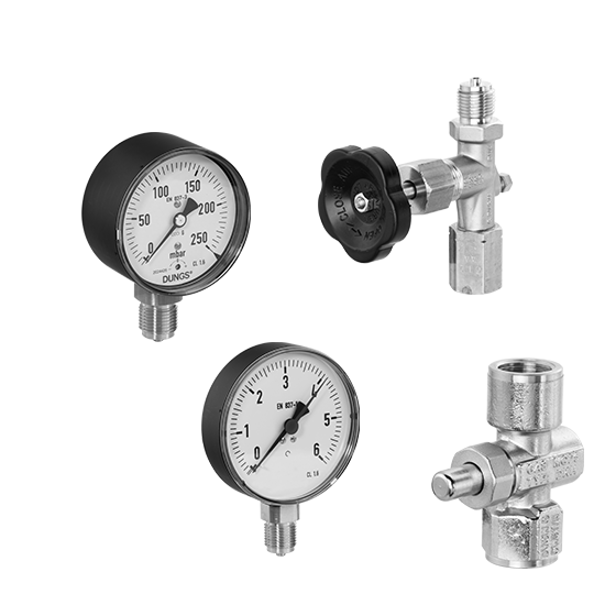 Dungs – Manometers, Accessories: Pressure gauge, Push button cock, Pressure gauge shutoff valve